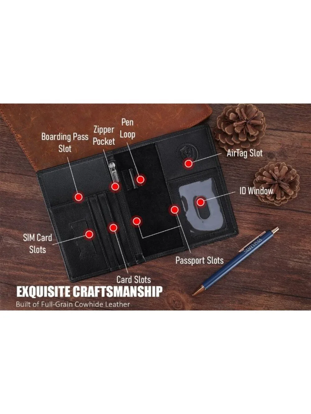 Stylish Leather Passport Holder - RFID Blocking, ID Window, Zipper Pocket